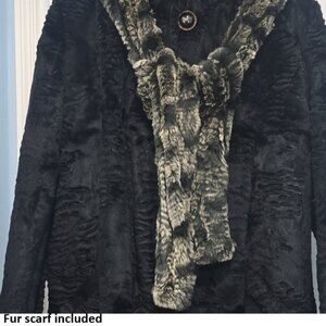 NWT ✅ ANTONIO ARNESANO Stunning Fur Jacket W/ Hood Size 46 BLACK M + Fur Scarf